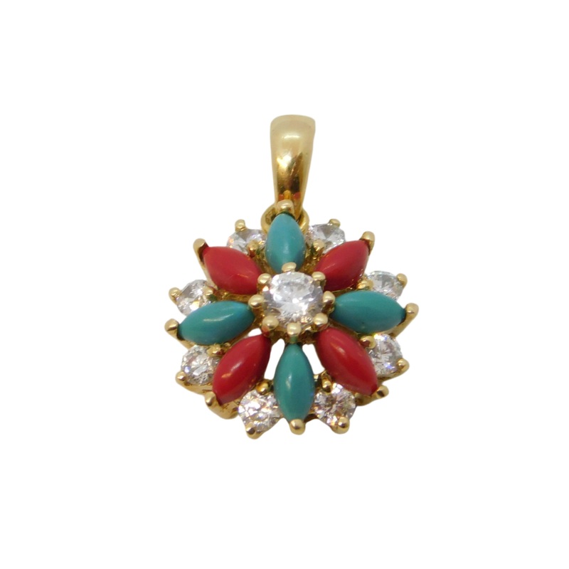 14ct Yellow Gold, Spinel, Coral & Turquoise Floral Drop Pendant Vintage c1990