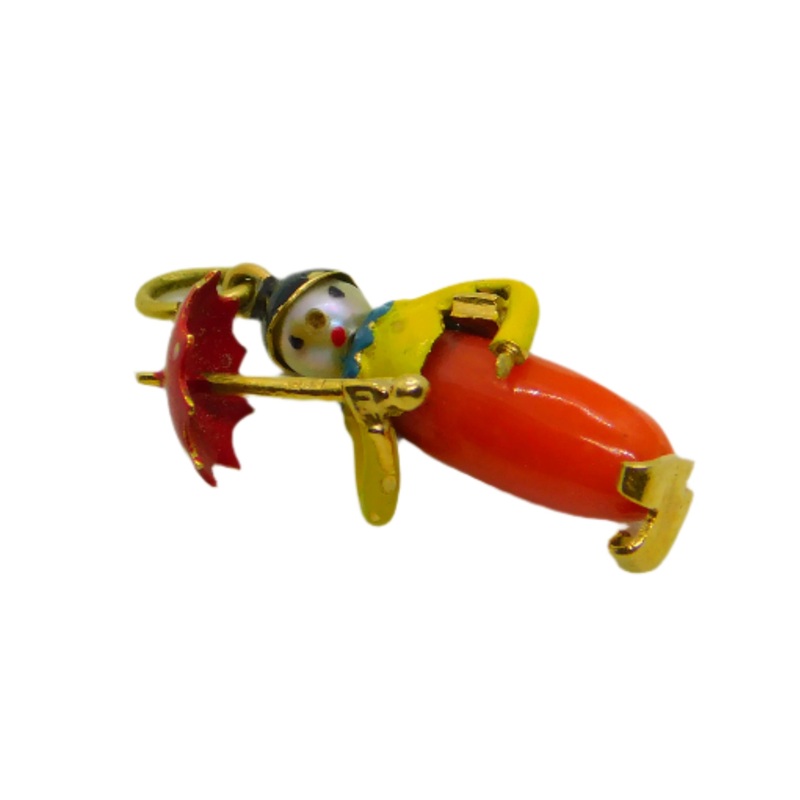 14ct Yellow Gold, Coral & Enamel Lady with Umbrella Charm Vintage c1970