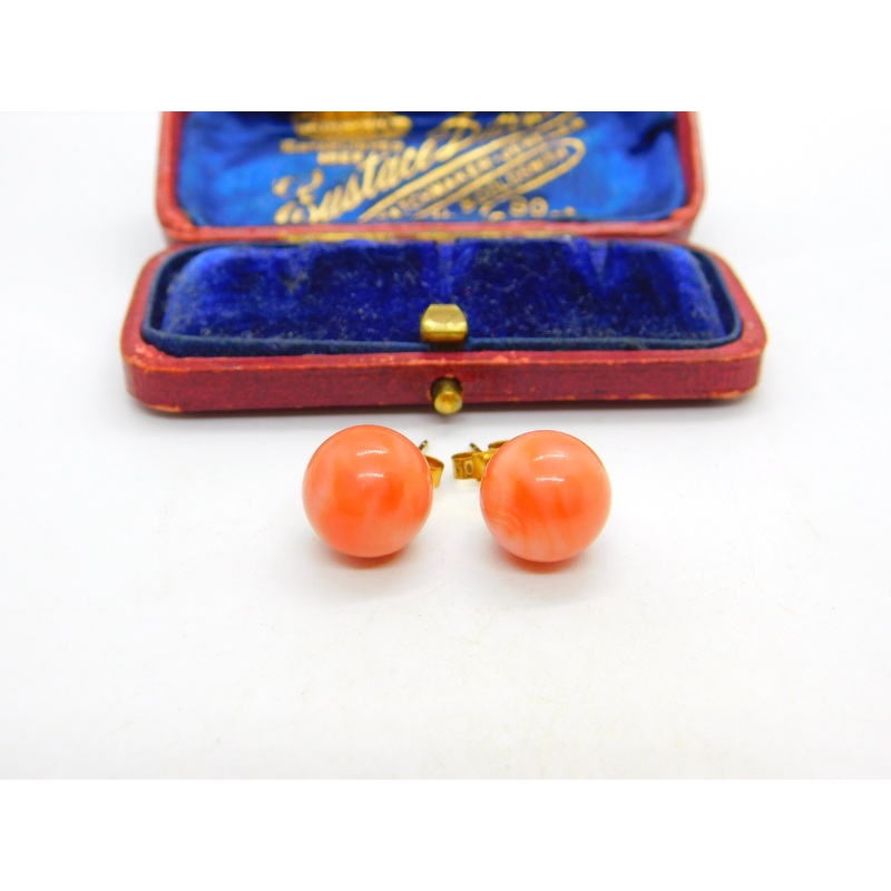 18ct Yellow Gold Large Red Coral Beaded Stud Earrings Vintage c1970