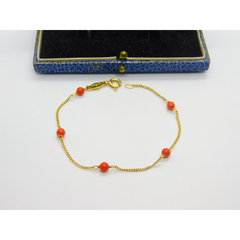 18ct Yellow Gold & Red Coral Bead Bracelet Vintage c1980 6.8″ Length