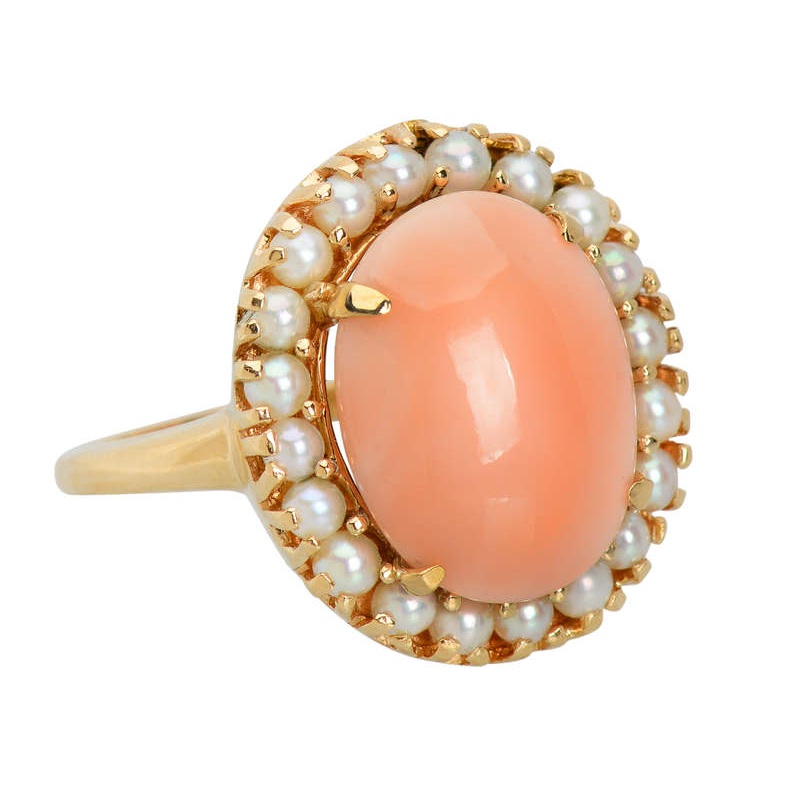Vintage Angel Skin Coral & Cultured Pearl Ring